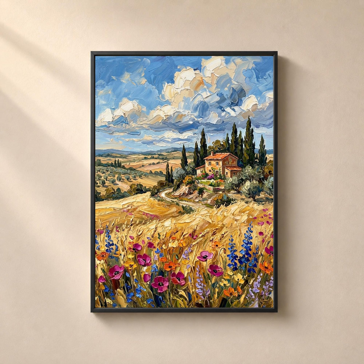 Affiche paysage Toscane villa cyprès fleurs sauvages, art mural méditerranéen été