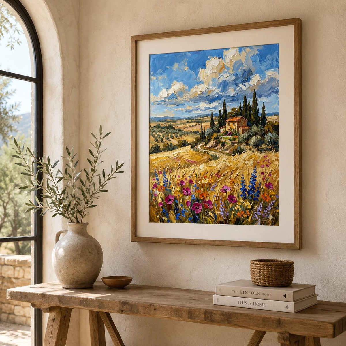 Affiche paysage Toscane villa cyprès fleurs sauvages, art mural méditerranéen été