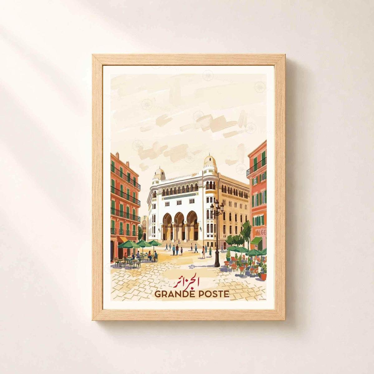 Grande Poste Algiers print, white Moorish building golden dome green shutters cobblestone square, travel poster