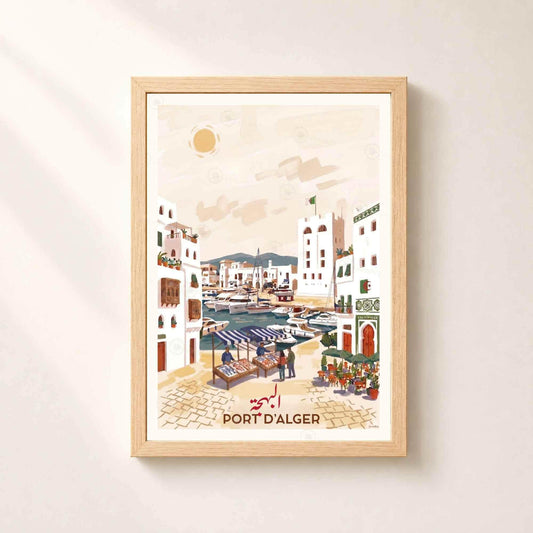 Affiche Port d'Alger marché poissons bateaux, poster voyage Algérie illustré