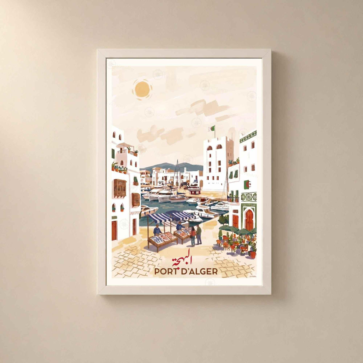 Affiche Port d'Alger marché poissons bateaux, poster voyage Algérie illustré