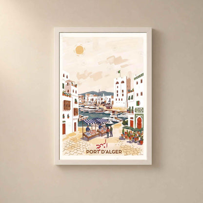 Affiche Port d'Alger marché poissons bateaux, poster voyage Algérie illustré