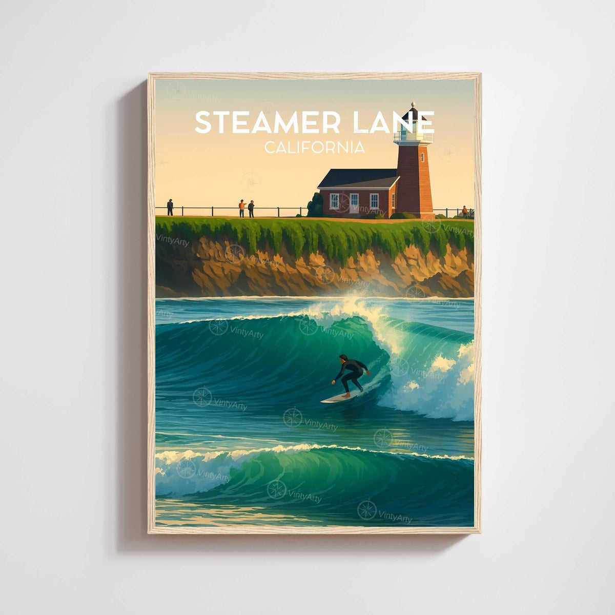 Affiche Steamer Lane Californie, poster voyage surf vintage rétro