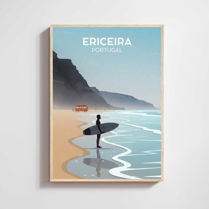 Ericeira Portugal print, lone surfer on beach with orange van and misty cliffs, minimalist travel poster