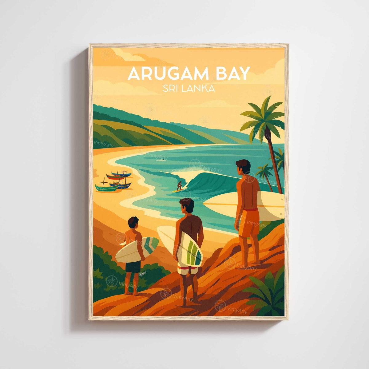 Arugam Bay Sri Lanka print, three surfers watching wave over turquoise tropical bay, colorful travel poster