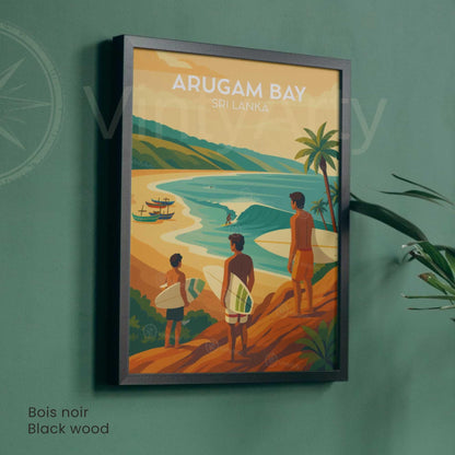 Arugam Bay surf poster Sri Lanka coast, surfers palm trees fishing boats, natural wood frame travel wall art