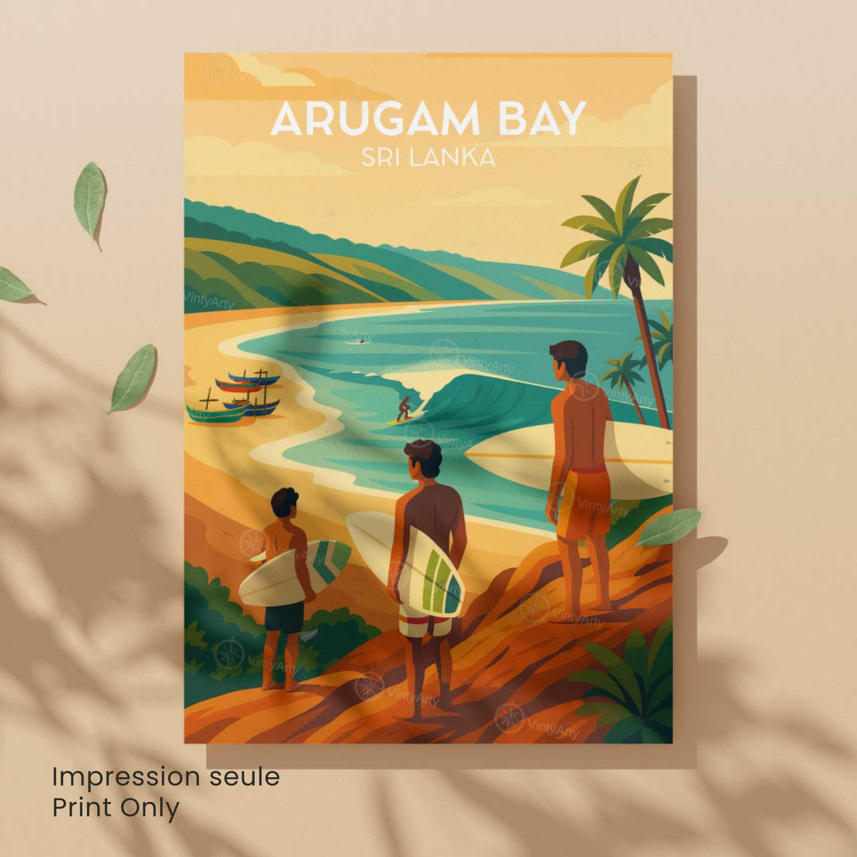 Colorful surf travel poster unframed, Arugam Bay Sri Lanka tropical beach surfers print
