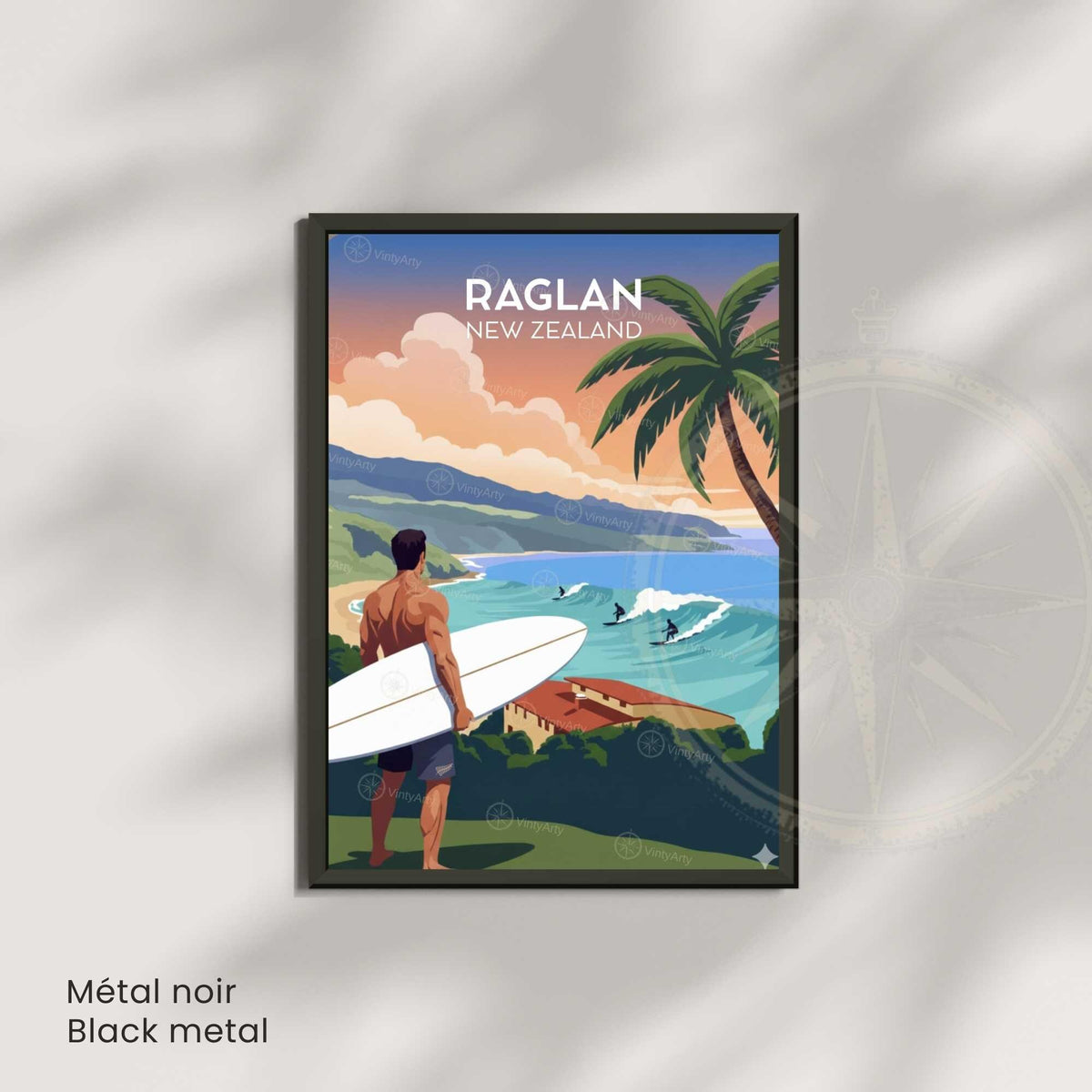 Surf travel poster unframed, Raglan New Zealand sunset bay surfer palm tree print