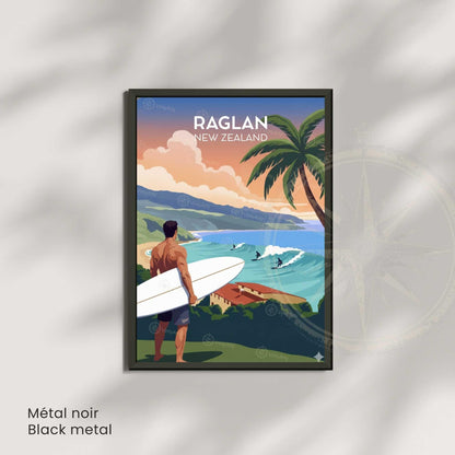 Surf travel poster unframed, Raglan New Zealand sunset bay surfer palm tree print