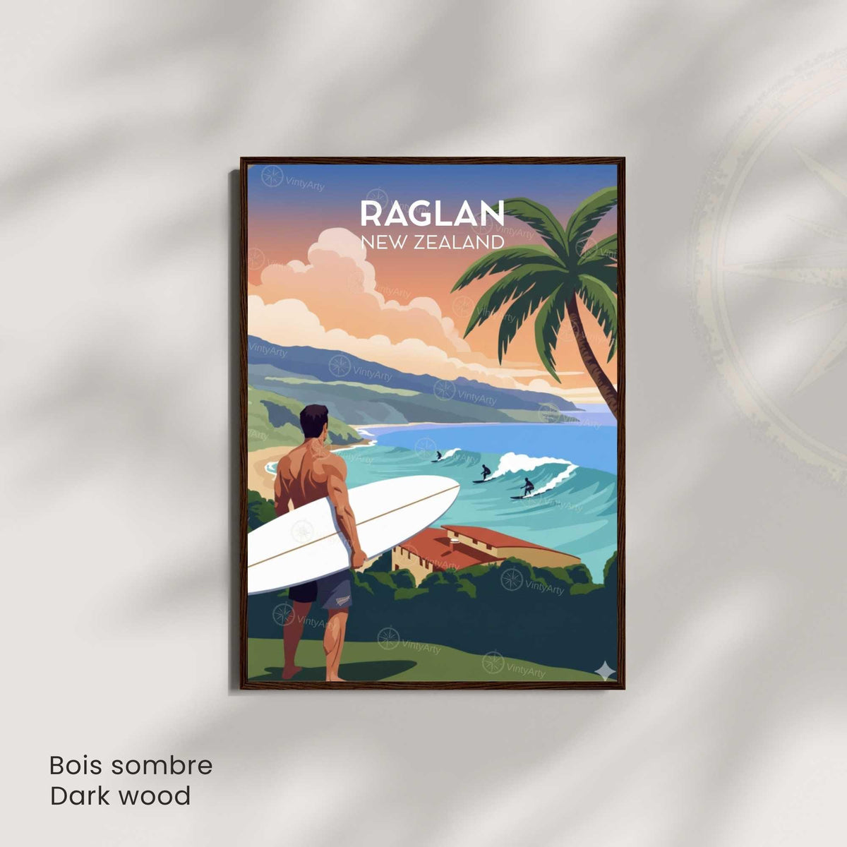 Affiche Raglan Nouvelle-Zélande, poster voyage surf coucher de soleil