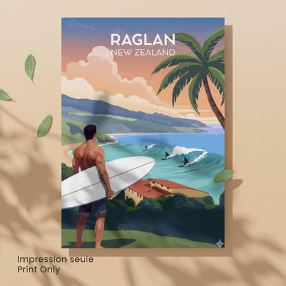 Affiche Raglan Nouvelle-Zélande, poster voyage surf coucher de soleil
