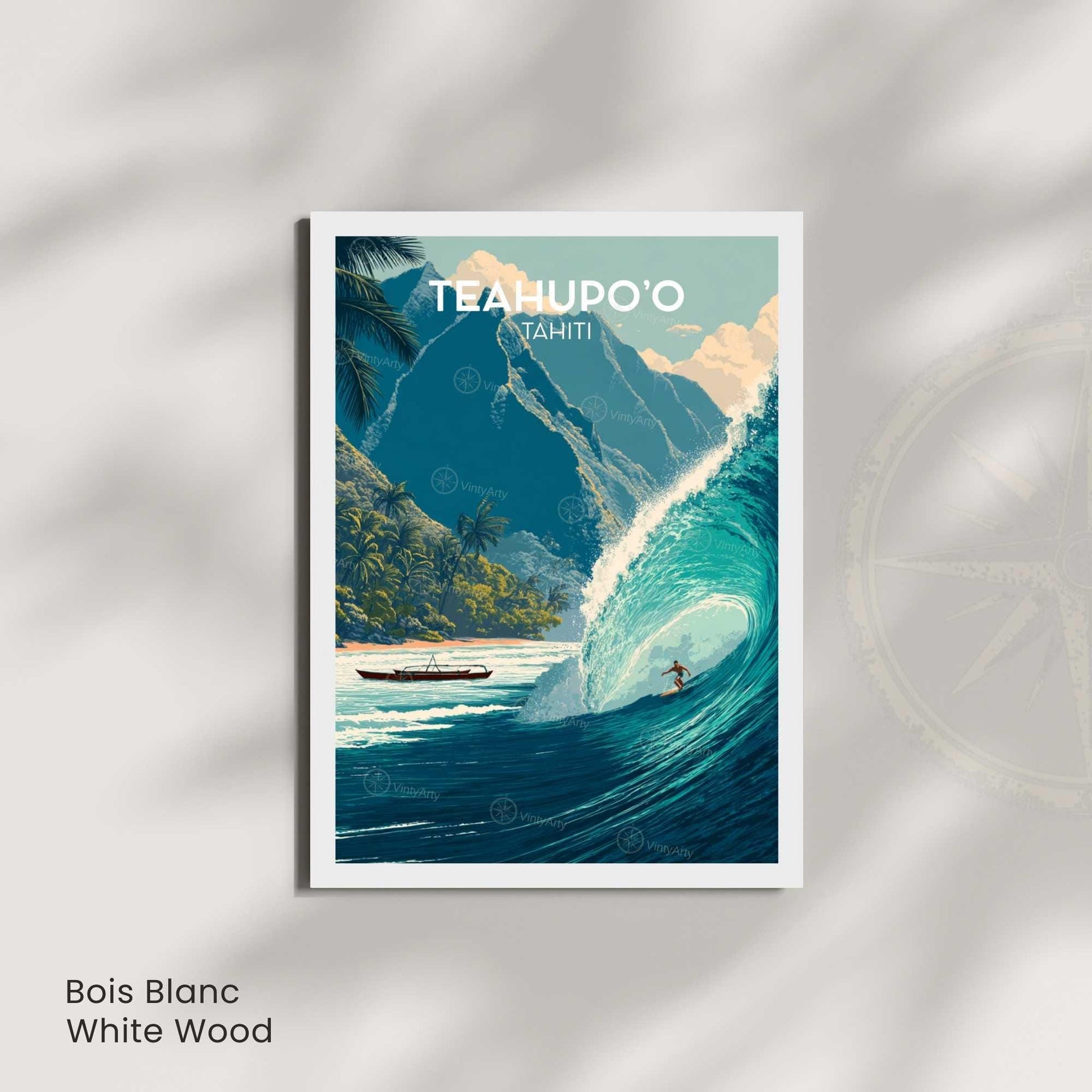Affiche Teahupoo Tahiti, poster voyage surf grosse vague tropicale