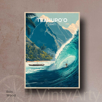 Affiche Teahupoo Tahiti, poster voyage surf grosse vague tropicale