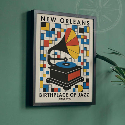 Affiche New Orleans jazz gramophone, poster musique rétro Bauhaus coloré