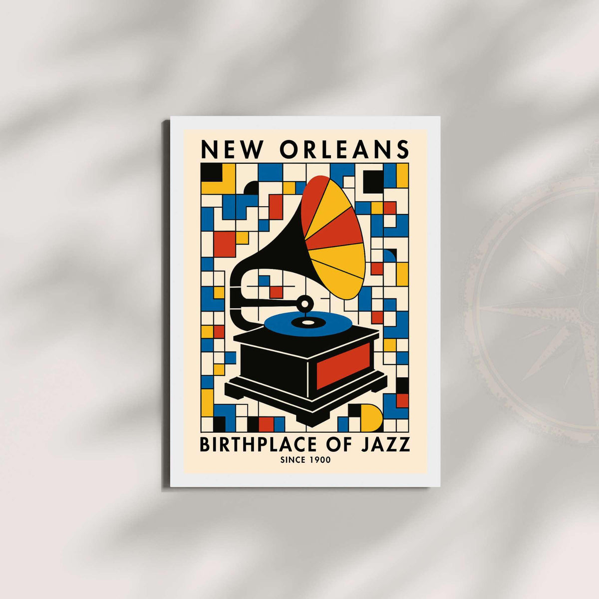 Affiche New Orleans jazz gramophone, poster musique rétro Bauhaus coloré