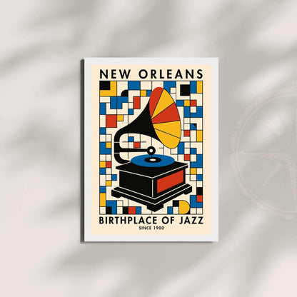 Affiche New Orleans jazz gramophone, poster musique rétro Bauhaus coloré