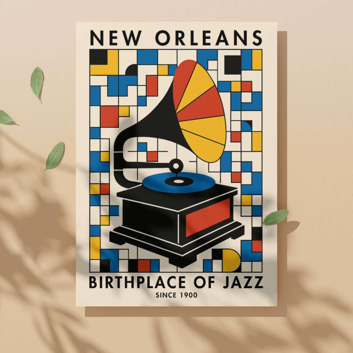 Affiche New Orleans jazz gramophone, poster musique rétro Bauhaus coloré