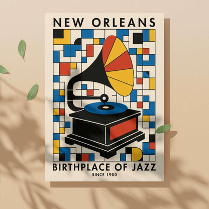 Affiche New Orleans jazz gramophone, poster musique rétro Bauhaus coloré