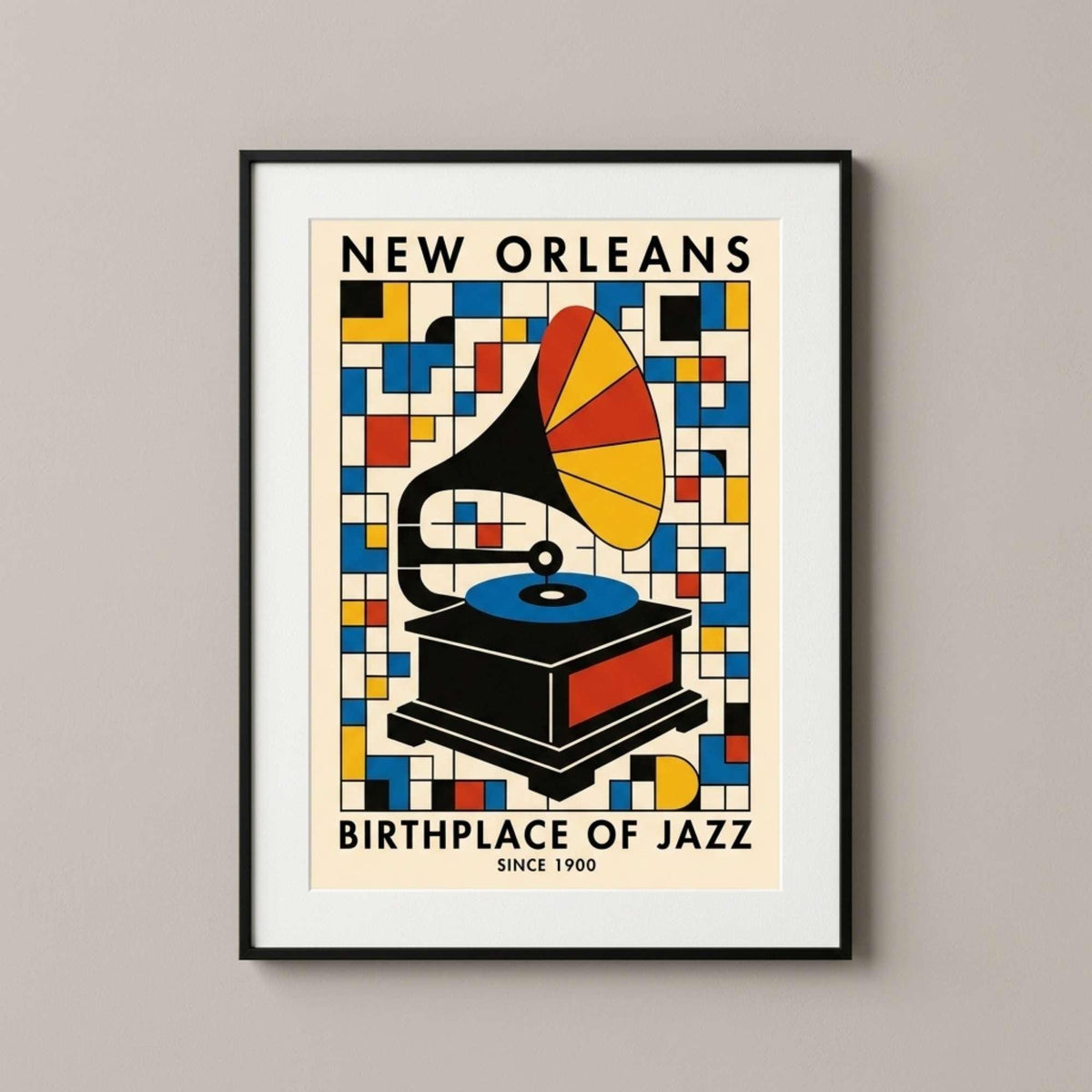 Affiche New Orleans jazz gramophone, poster musique rétro Bauhaus coloré