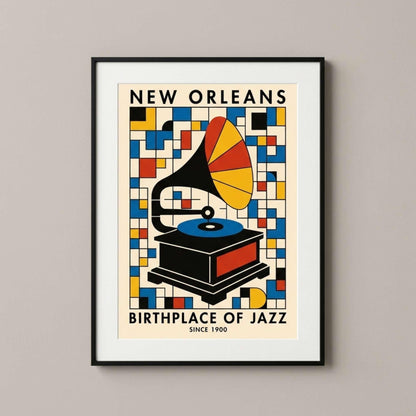 Affiche New Orleans jazz gramophone, poster musique rétro Bauhaus coloré
