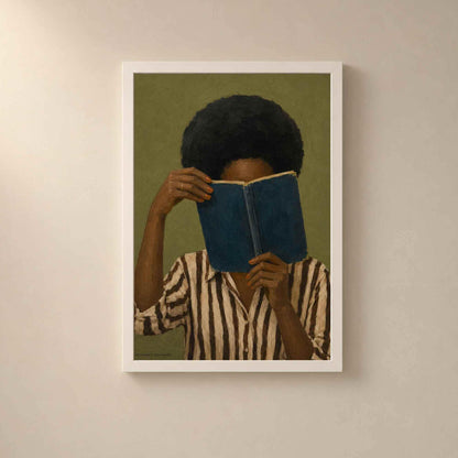 Affiche femme lisant un livre bleu, peinture contemporaine, Collection Quiet Rituals