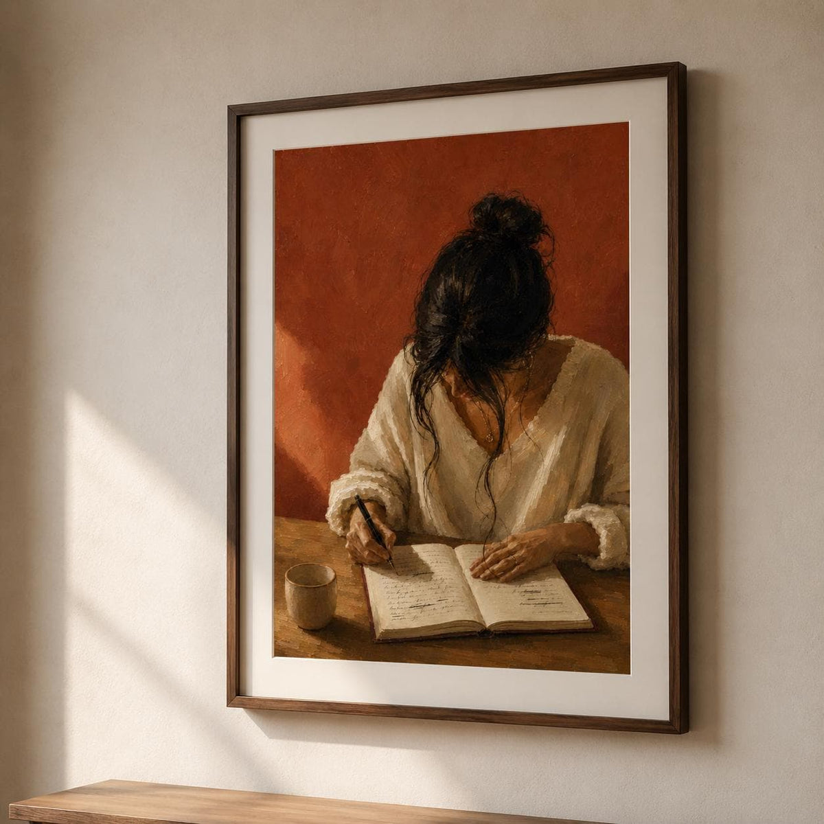 Affiche femme écrivant dans un carnet, peinture contemporaine, Collection Quiet Rituals