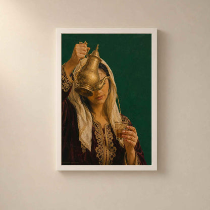 Affiche Art Algérien, Femme au Karakou Servant le Thé à la Menthe, Collection Quiet Rituals