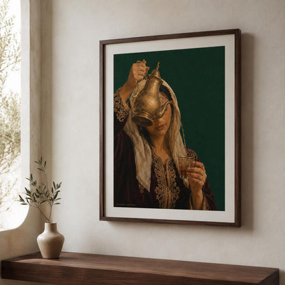 Affiche Art Algérien, Femme au Karakou Servant le Thé à la Menthe, Collection Quiet Rituals