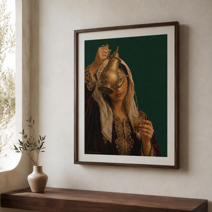 Affiche Art Algérien, Femme au Karakou Servant le Thé à la Menthe, Collection Quiet Rituals