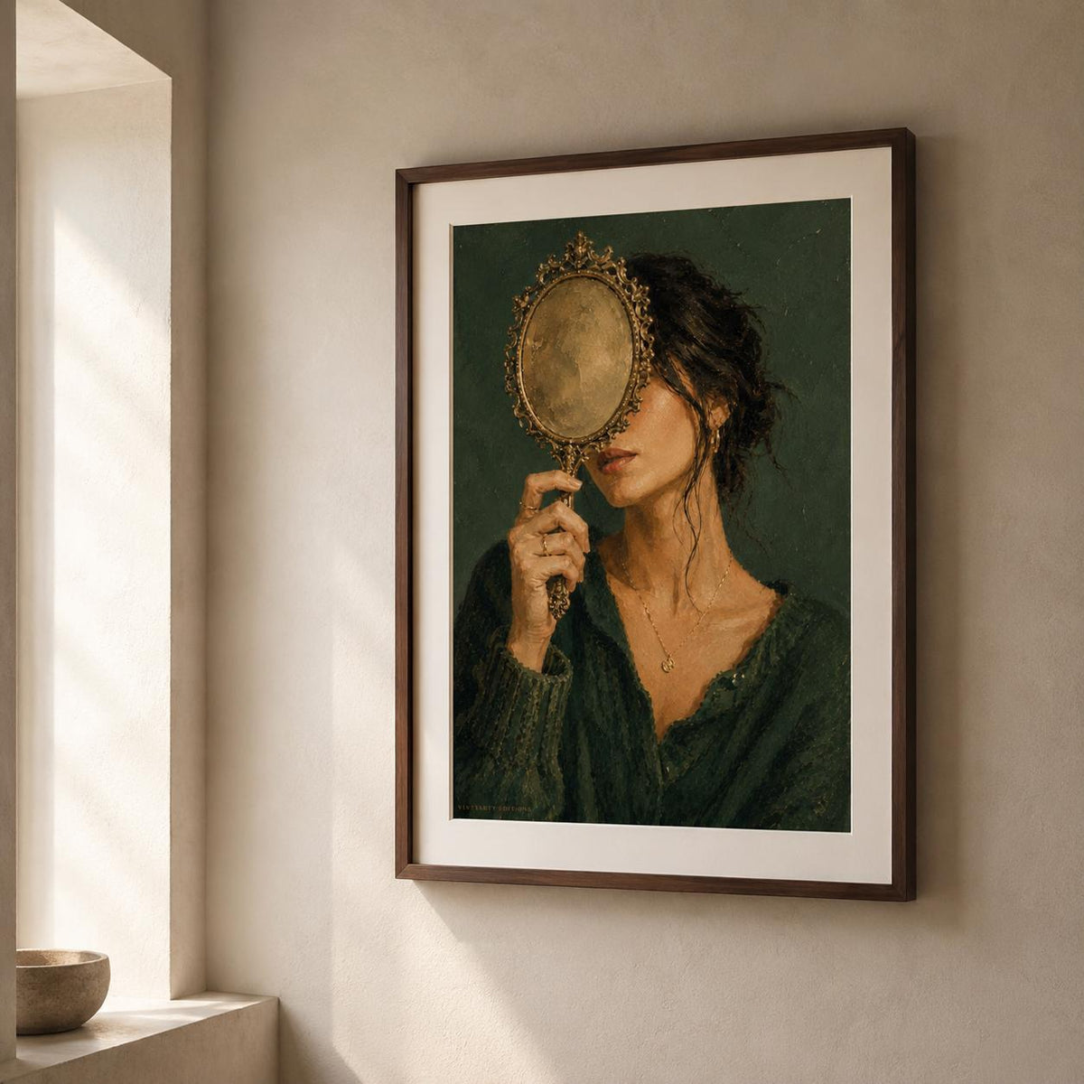 Affiche Femme au Miroir Ancien, Illustration Contemporaine Élégante, Décoration Murale, Collection Quiet Rituals
