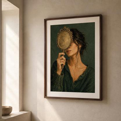 Affiche Femme au Miroir Ancien, Illustration Contemporaine Élégante, Décoration Murale, Collection Quiet Rituals