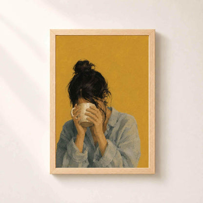 Affiche Femme au Mug, Rituel du Café, Illustration Contemporaine Minimaliste, Collection Quiet Rituals