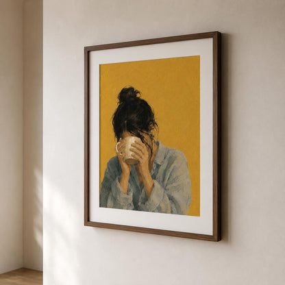 Affiche Femme au Mug, Rituel du Café, Illustration Contemporaine Minimaliste, Collection Quiet Rituals
