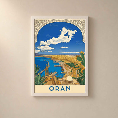 Affiche Oran vue panoramique port et baie, poster voyage Algérie illustré