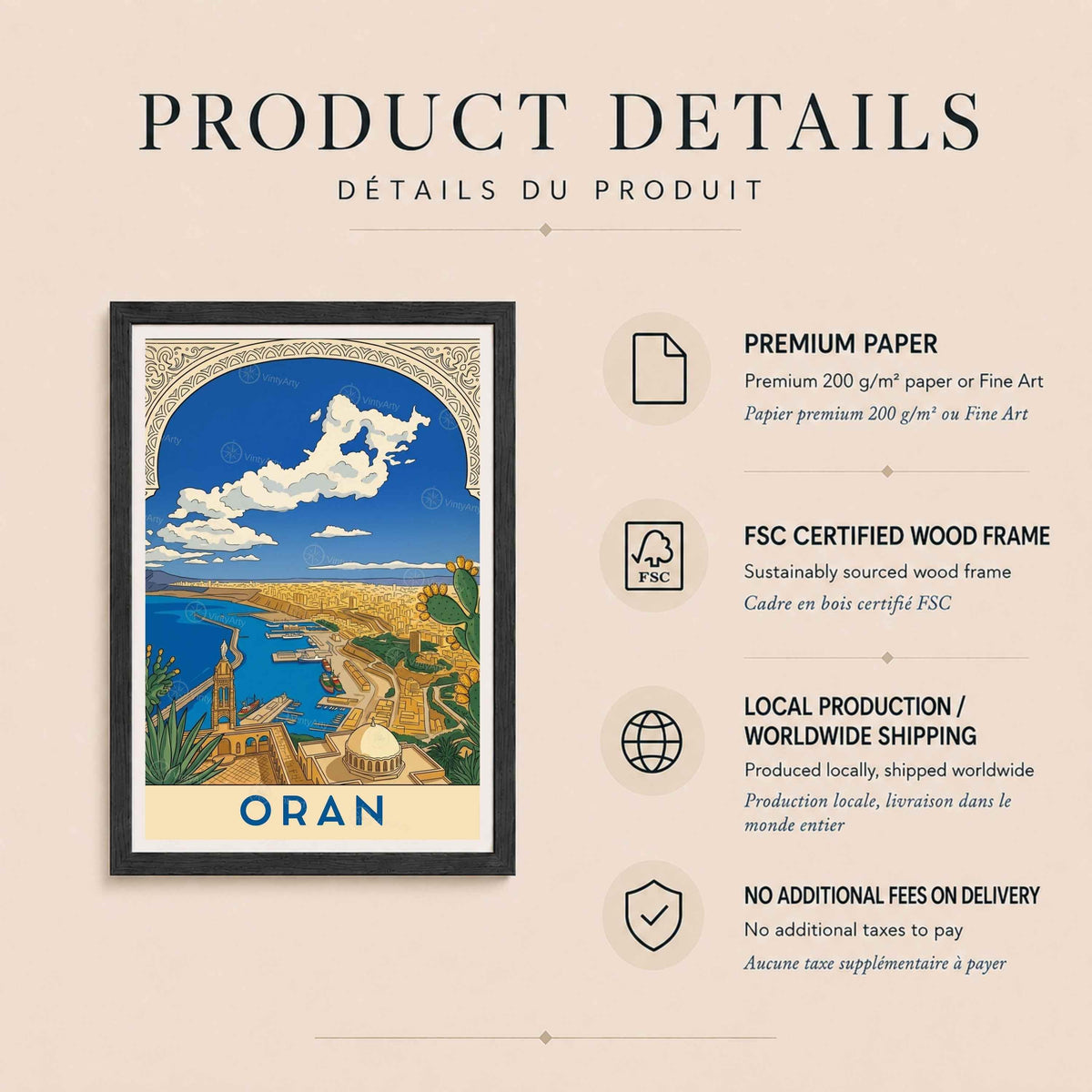 Affiche Oran vue panoramique port et baie, poster voyage Algérie illustré