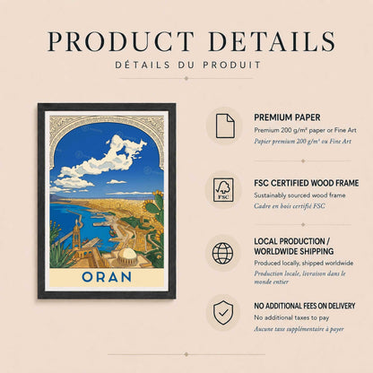 Affiche Oran vue panoramique port et baie, poster voyage Algérie illustré