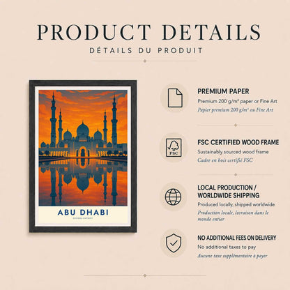 Affiche Abu Dhabi, art mural mosquée au coucher de soleil, poster voyage Émirats