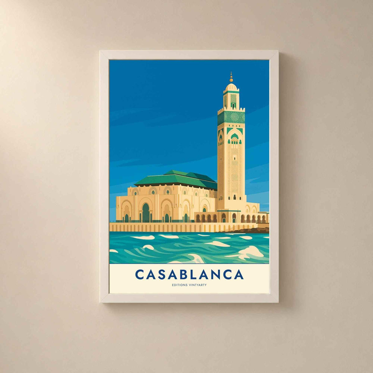 Affiche Casablanca Mosquée Hassan II, art mural Maroc, poster océan Atlantique