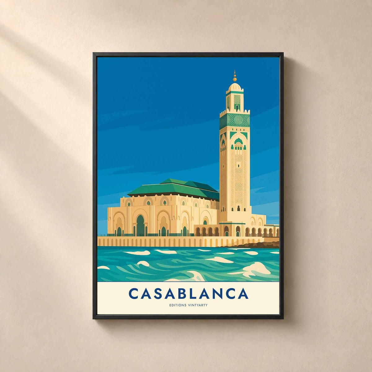 Affiche Casablanca Mosquée Hassan II, art mural Maroc, poster océan Atlantique