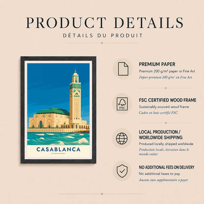 Affiche Casablanca Mosquée Hassan II, art mural Maroc, poster océan Atlantique