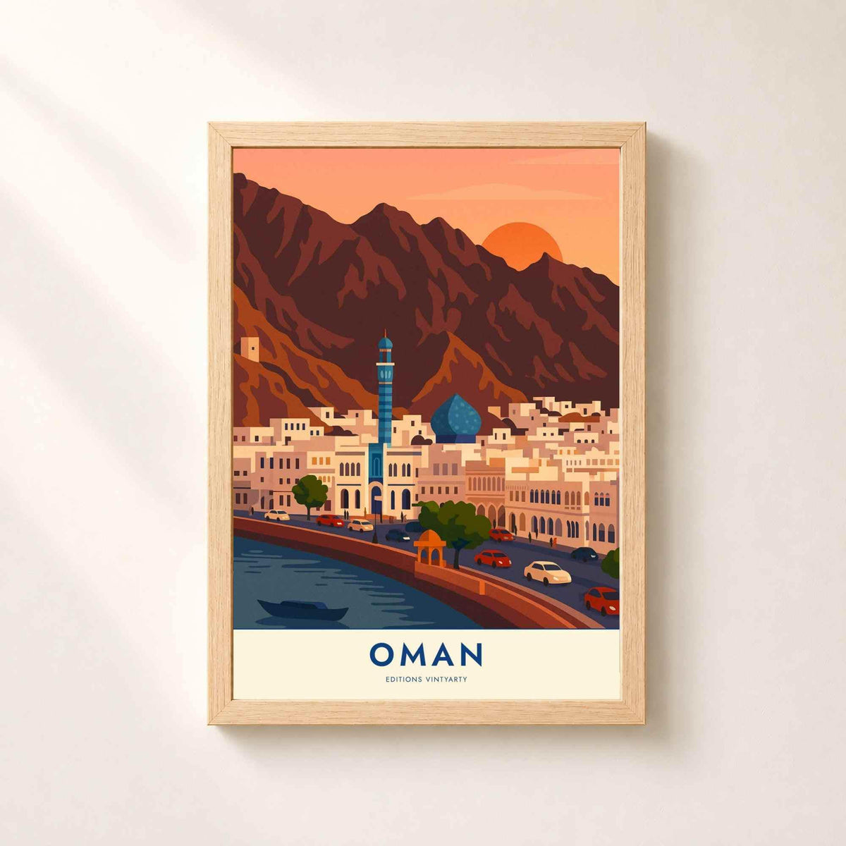 Affiche Oman Mascate, art mural corniche de Mutrah, poster montagnes du Hajar