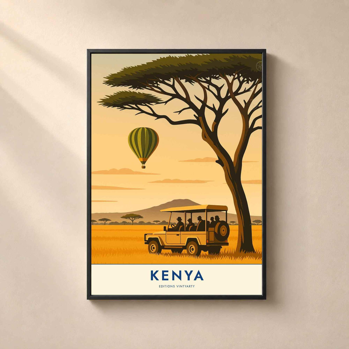 Affiche Kenya safari, art mural savane et acacia, poster Masai Mara montgolfière