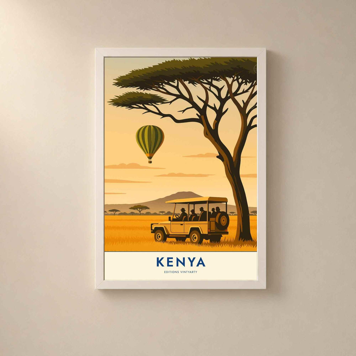 Affiche Kenya safari, art mural savane et acacia, poster Masai Mara montgolfière