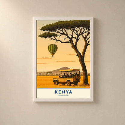 Affiche Kenya safari, art mural savane et acacia, poster Masai Mara montgolfière