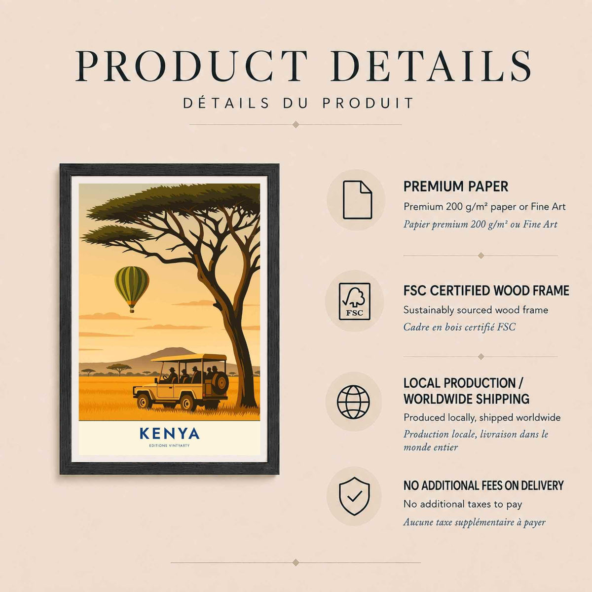 Affiche Kenya safari, art mural savane et acacia, poster Masai Mara montgolfière