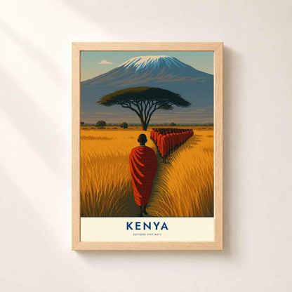 Affiche Kenya Kilimandjaro, art mural Massaï et acacia, poster savane Amboseli