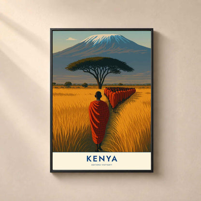 Affiche Kenya Kilimandjaro, art mural Massaï et acacia, poster savane Amboseli
