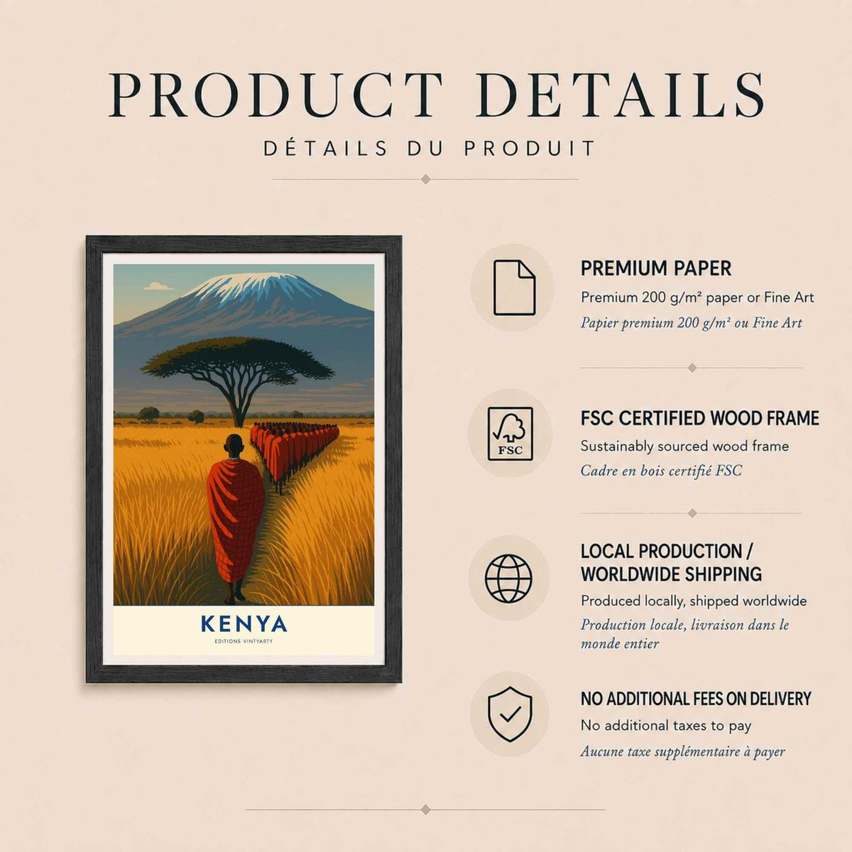Affiche Kenya Kilimandjaro, art mural Massaï et acacia, poster savane Amboseli
