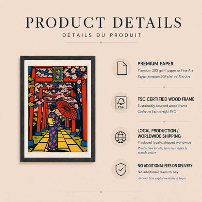 Affiche Japon torii et cerisiers, art mural femme en kimono, poster pop rétro