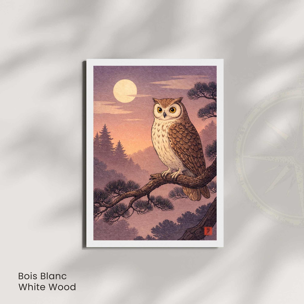 Affiche hibou japonais clair de lune, art mural estampe ukiyo-e traditionnel